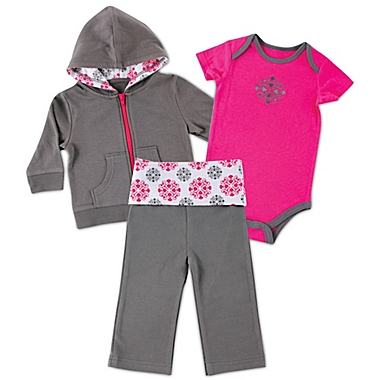 BabyVision&reg; Yoga Sprout Size 18-24M 3-Piece Hoodie, Bodysuit, and Pant Set in Grey/Pink. View a larger version of this product image.