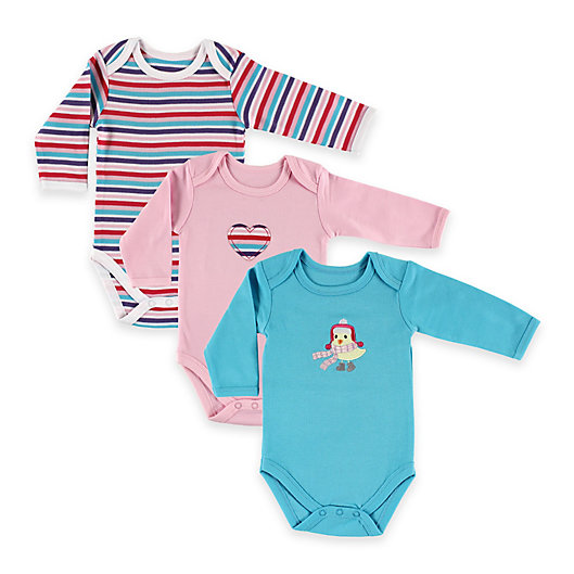 Alternate image 1 for BabyVision® Hudson Baby® 3-Pack Bird Long Sleeve Bodysuits in Pink