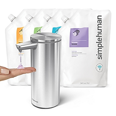 simplehuman&reg; Touchless Sensor Soap/Sanitizer Pump in Brushed Stainless Steel. View a larger version of this product image.