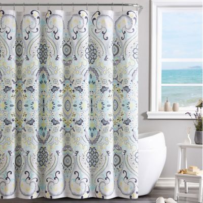 navy and yellow shower curtain