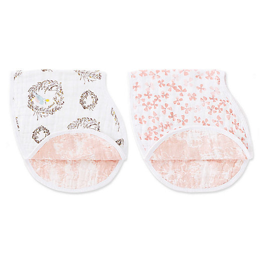 Alternate image 1 for aden + anais® 2-Pack 2-in-1 Birdsong Muslin Bib and Burp Cloths in Pink