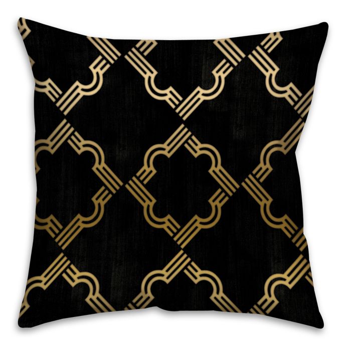 Quatrefoil Square Throw Pillow in Black and Gold Bed