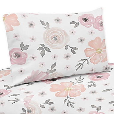 Sweet Jojo Designs&reg; Watercolor Floral Queen Sheet Set in Pink/Grey. View a larger version of this product image.