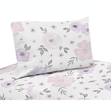 Sweet Jojo Designs&reg; Watercolor Floral Twin Sheet Set in Lavender/Grey. View a larger version of this product image.