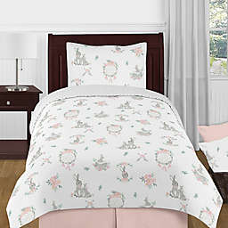 Sweet Jojo Designs Bunny Floral 4-Piece Twin Comforter Set in Pink/Grey