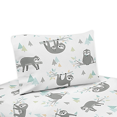 Sweet Jojo Designs Sloth Queen Sheet Set in Aqua/Grey. View a larger version of this product image.