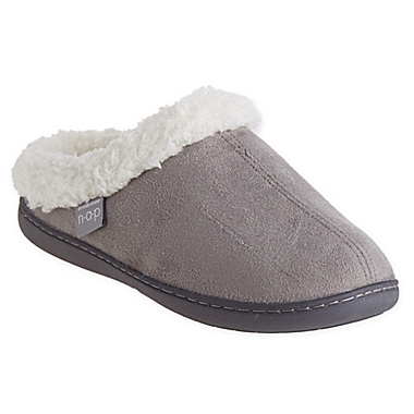 Brookstone&reg; Classic Mediium Sherpa Slip-On Slippers in Grey. View a larger version of this product image.
