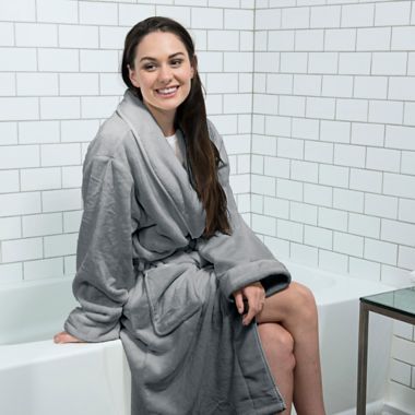 Nestwell&trade; Small/Medium Unisex Plush Robe in Sharkskin. View a larger version of this product image.
