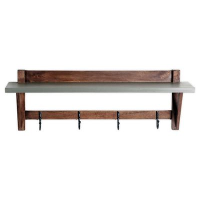 Alaterre Brookside Wood Entryway Shelf with Concrete-Top and Coat Hooks in Brown