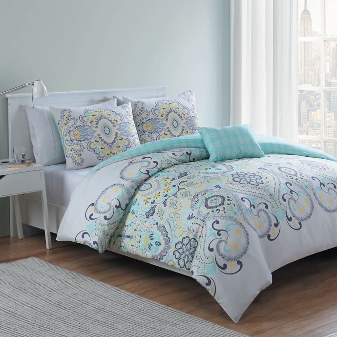 Vcny Amherst 4 Piece Reversible Comforter Set In White Aqua Bed