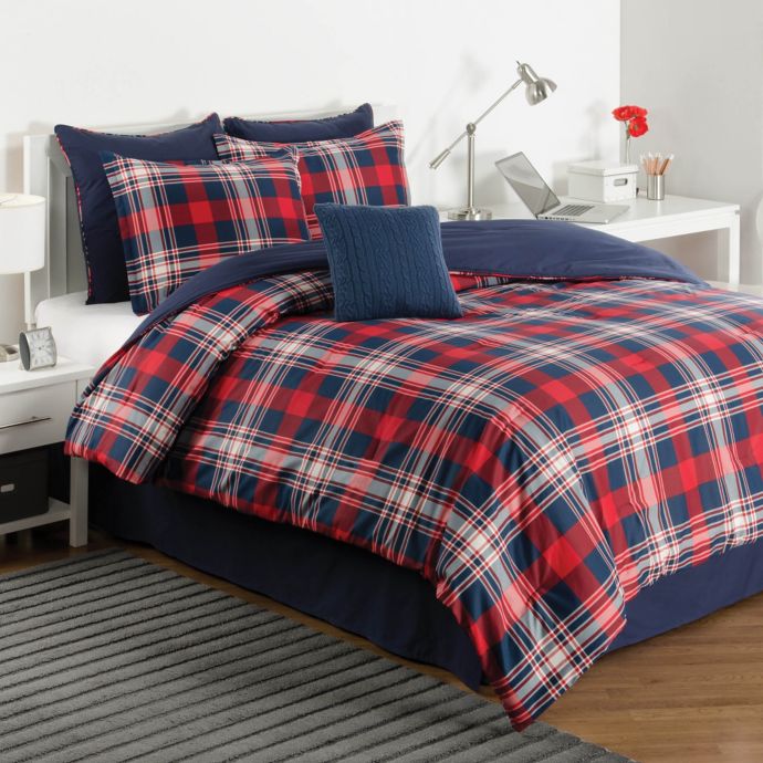 Izod Brisbane Plaid Reversible Comforter Set In Red Navy Bed