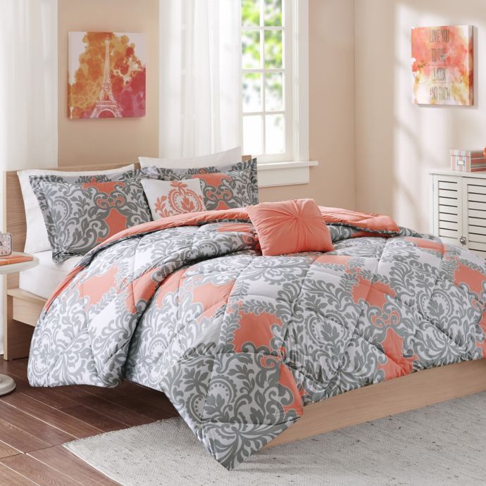 Cozy Soft Mia Comforter Set In Coral Grey White Bed Bath Beyond