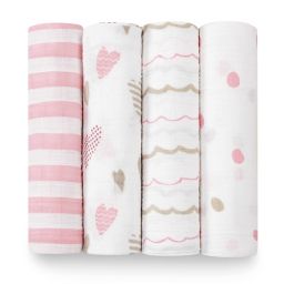 aden + anais® Heartbreaker 4-Pack Classic Muslin Swaddle Blankets in White/Pink
