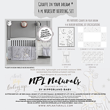 Nipperland&reg; 4-Piece Giraffe the Dreamer Crib Bedding Set in Light Grey. View a larger version of this product image.