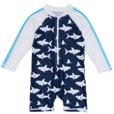 Moki Sea Sharks Long Sleeve Sunsuit in Navy/White