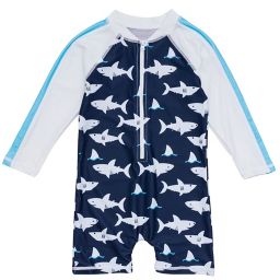Moki Sea Sharks Long Sleeve Sunsuit in Navy/White