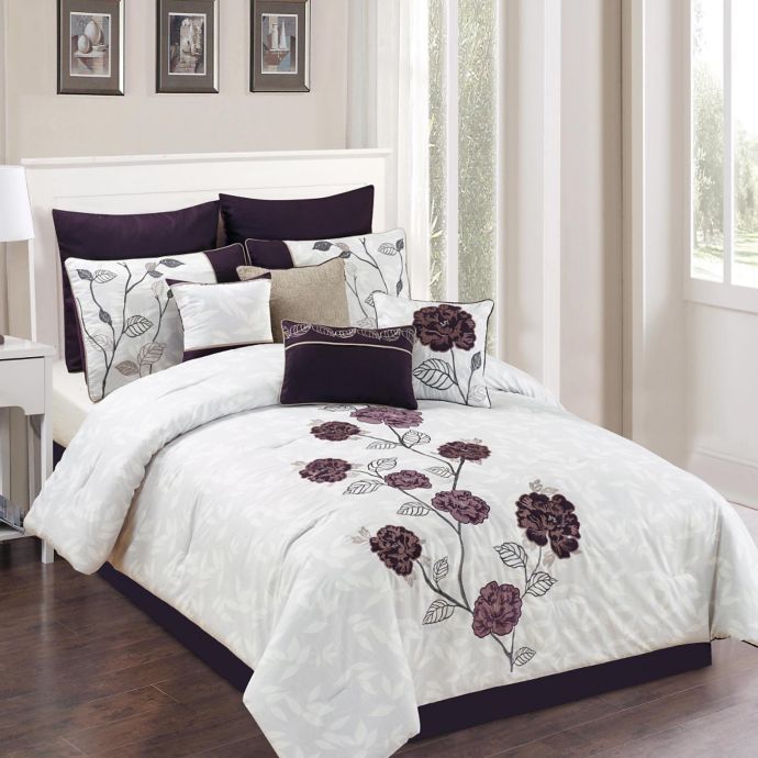 Abigail 10-Piece Comforter Set in Plum/Grey | Bed Bath ...