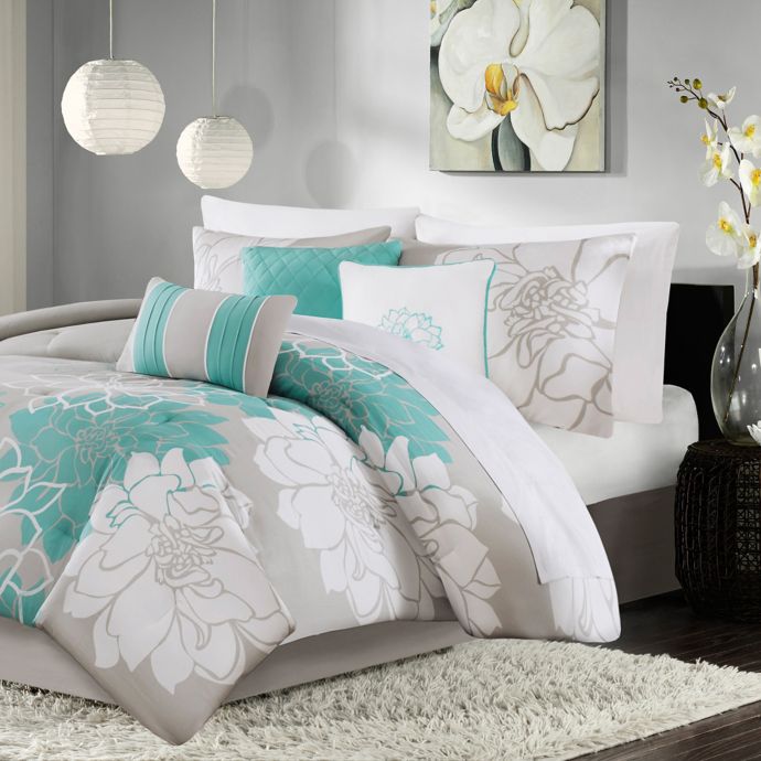 Madison Park Lola 7 Piece Comforter Set In Aqua Bed Bath Beyond