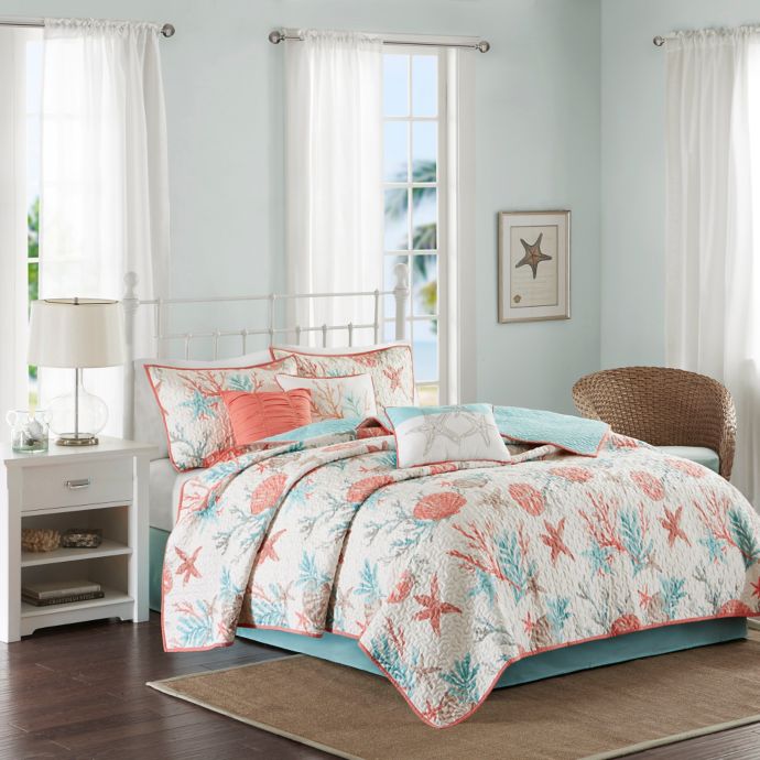 Madison Park Pebble Beach Quilted Coverlet Set In Coral Bed Bath