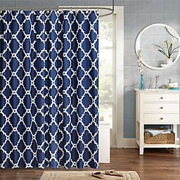 Madison Park Essentials Merritt Printed Fretwork Shower Curtain in Navy
