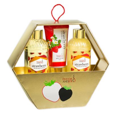 Freida and Joe Strawberry Holiday Gift Set Gold Hexagon Box