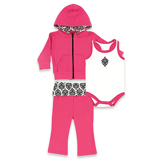 Alternate image 1 for BabyVision® Yoga Sprout Size 9-12M Damask Hoodie, Bodysuit, and Pant Set in Pink/Black
