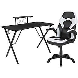 Flash Furniture Gaming Desk and Chair Set with Cup Holder in Black/White