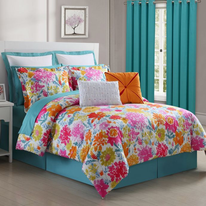 Fiesta Garden Reversible Comforter Set In Turquoise Yellow Bed