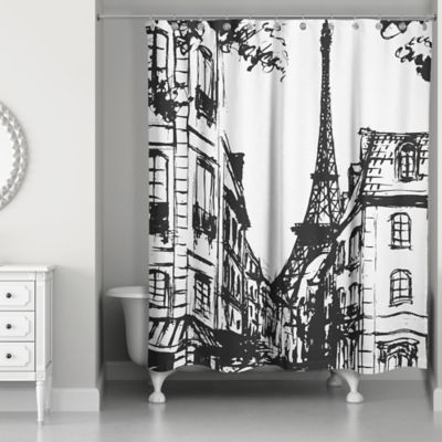 Monochromatic Paris Shower Curtain In, Shower Curtains Black