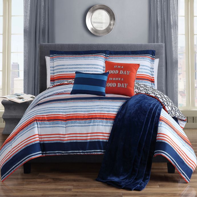 Roony Comforter Set In Navy White Orange Bed Bath Beyond
