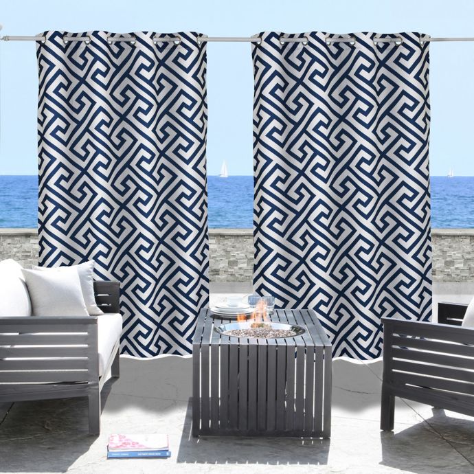 Greek Key Grommet Top Indoor Outdoor Curtain Panel In Navy Bed