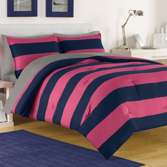 IZOD® Rugby Stripe Reversible Comforter Set in Navy/Pink ...