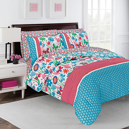Alternate image 1 for robinzingone Flirty Floral 7-Piece Comforter Set in Aqua/Pink