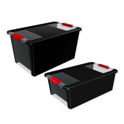 black lidded storage boxes