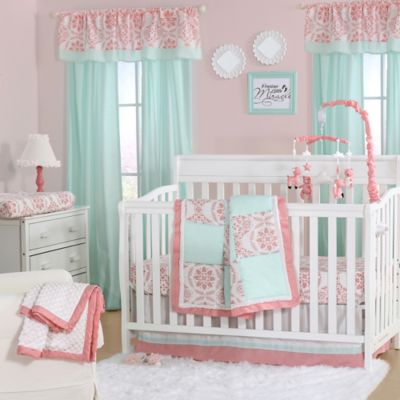 coral and teal baby bedding