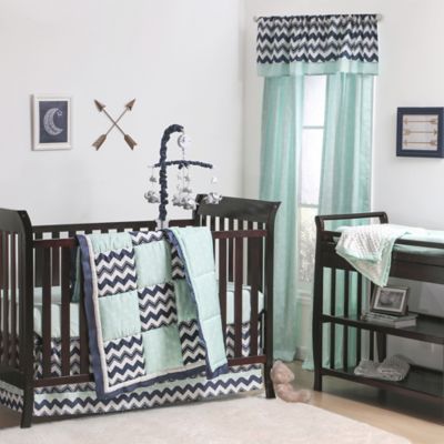 mint and navy crib bedding