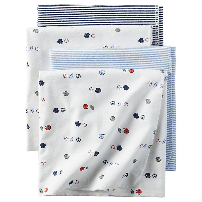 carter's® 4Pack Sports Flannel Receiving Blankets in White/Blue buybuy BABY