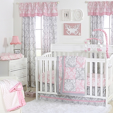 The Peanutshell&trade; Damask Patchwork 4-Piece Crib Set in Pink/Grey. View a larger version of this product image.