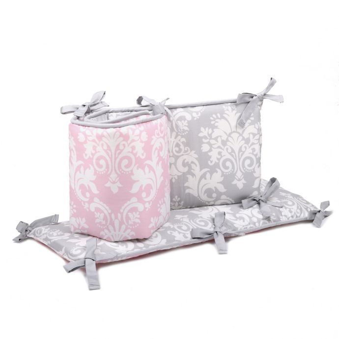 The Peanutshell™ Damask Chevron Crib Bumper in Pink/Grey ...