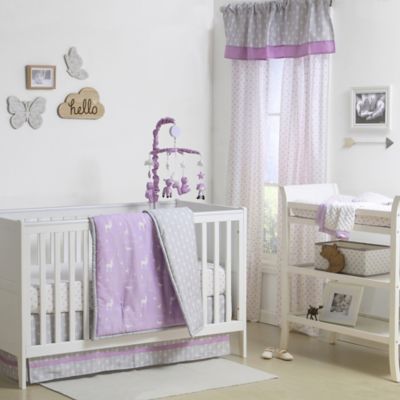 purple and gray crib bedding