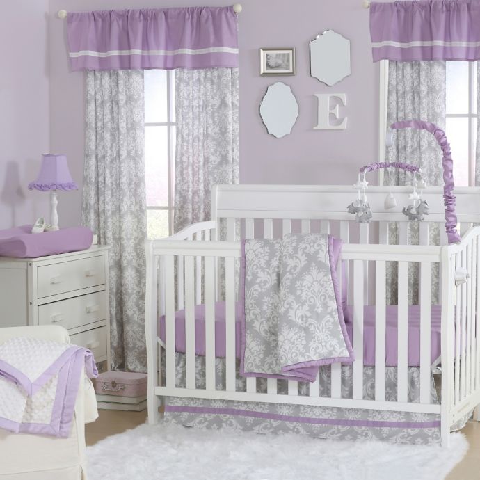 The Peanutshell Damask Crib Bedding Collection In Purple Grey