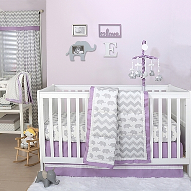 The Peanutshell&trade; Elephant Crib Bedding Collection in Grey/Purple. View a larger version of this product image.