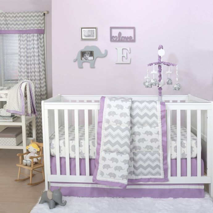 The Peanutshell Elephant 4 Piece Crib Bedding Set In Purple Grey