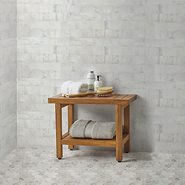 Teak Wood Oversized Shower Bench with Shelf. View a larger version of this product image.
