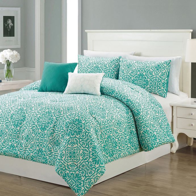 Elyse 5-Piece Comforter Set in Teal/Ivory | Bed Bath & Beyond