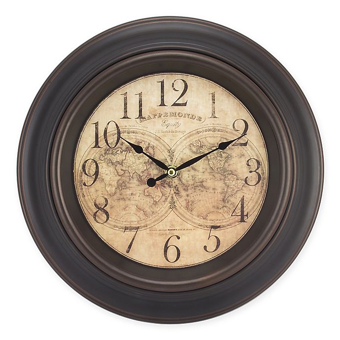 Equity 12 Inch World Map Wall Clock In Brown Bed Bath Beyond - World Wall Clock Map
