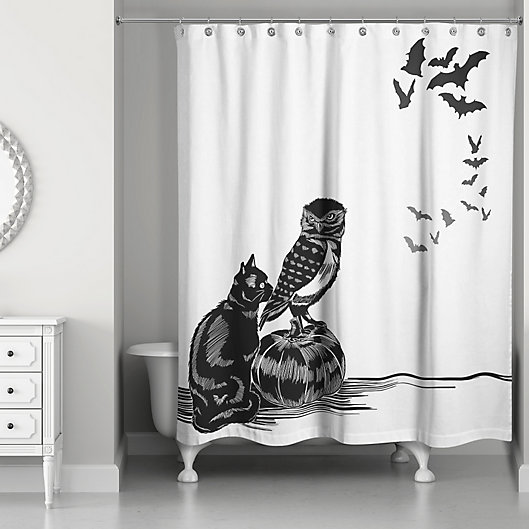 Alternate image 1 for Halloween Friends Shower Curtain in Black/White