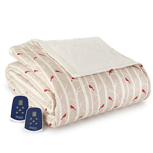 Alternate image 1 for Micro Flannel® Cardinals Electric Heated Comforter/Blanket in Taupe/Red