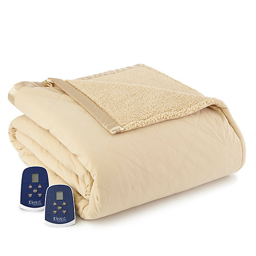 Alternate image 1 for Micro Flannel® Quilted Top Reversing to Sherpa Electric Heated Queen Blanket in Chino