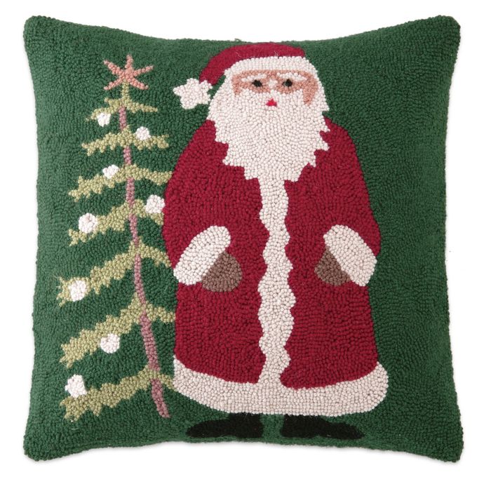 Christmas Tree And Santa Holiday Hand Hooked Throw Pillow In Green